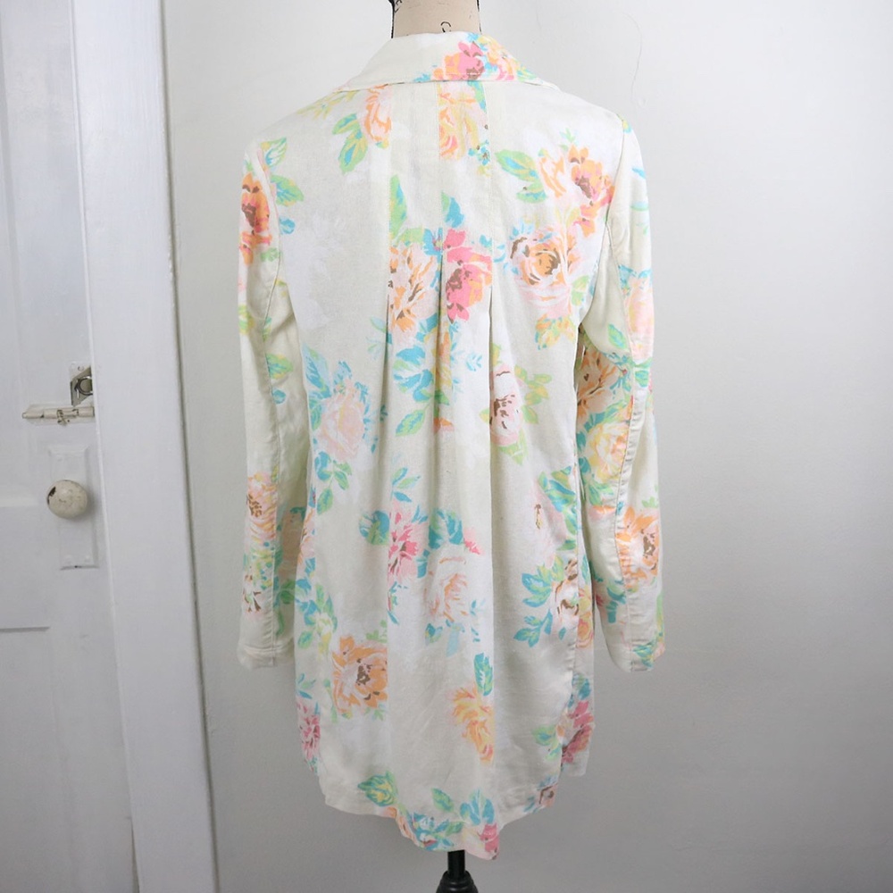 J Jill Women's Size Small Linen Blend Floral Pleated Long Jacket Pockets Boho - Picture 7 of 16